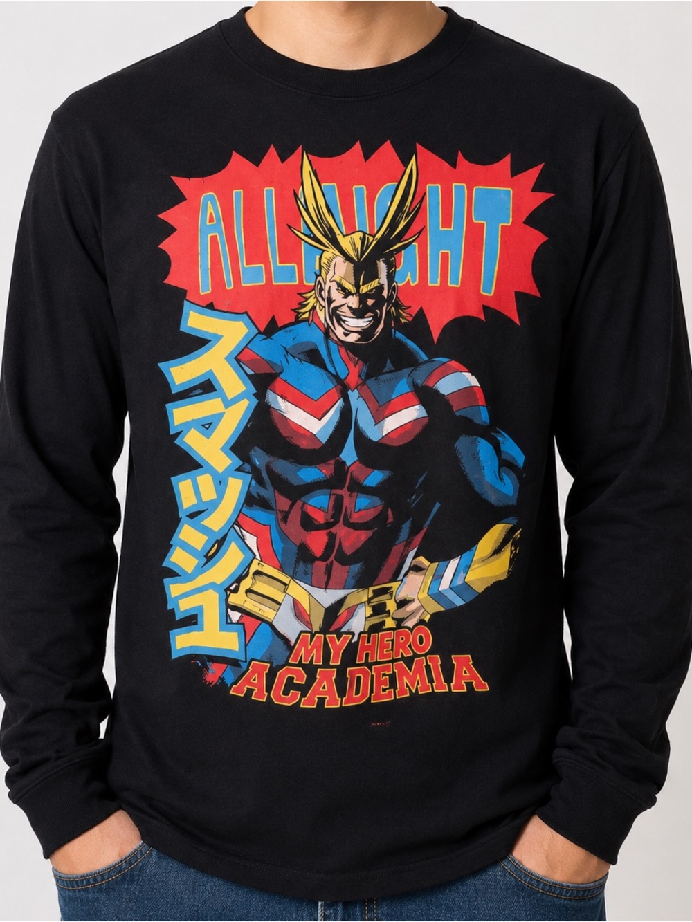 All Might My Hero Academia Anime Graphic Long Sleeve Shirt Black Size Large